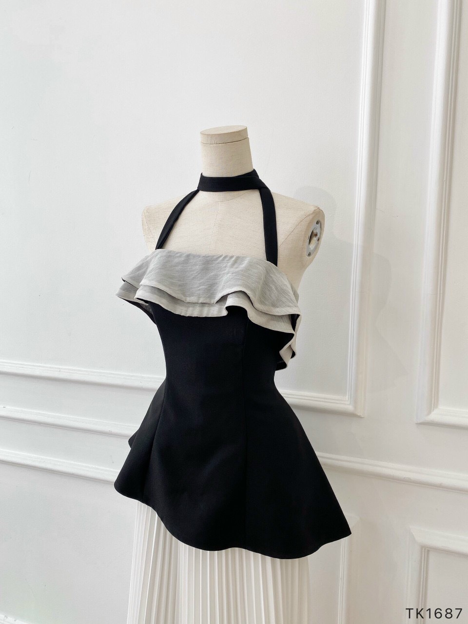 [Ảnh thật] Áo peplum phối bèo lệch tà dây cột cổ