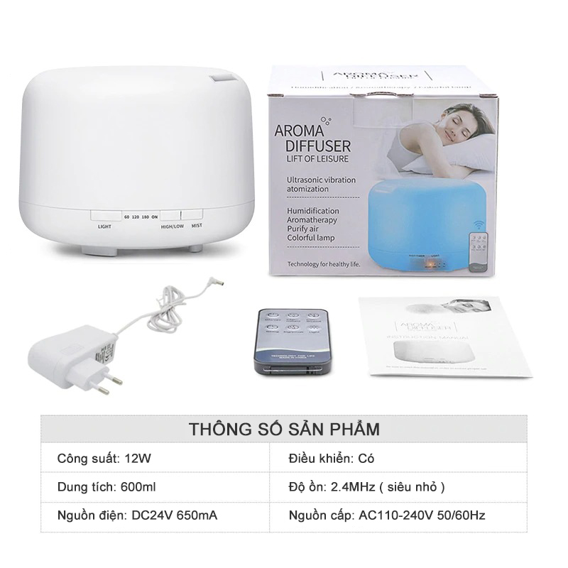 Máy Khuếch Tán Tinh Dầu Tạo Độ Ẩm Trụ Tròn 550ml Hình Trụ 7 Màu Có Remote - GULIFE MKT23