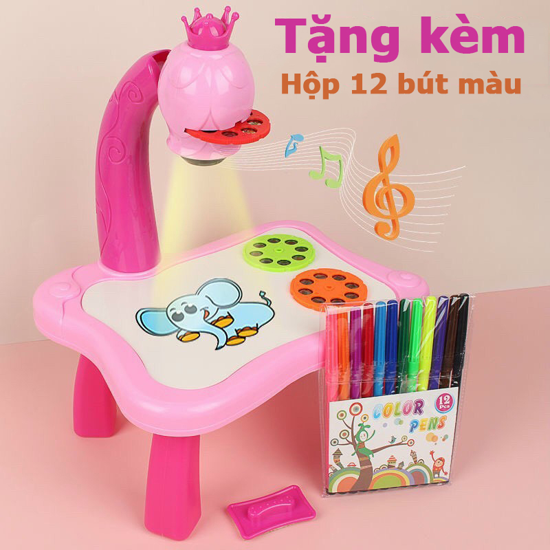 Bộ bàn tập vẽ có đèn chiếu 24 hình có nhạc thông minh tặng kèm hộp bút 12 màu