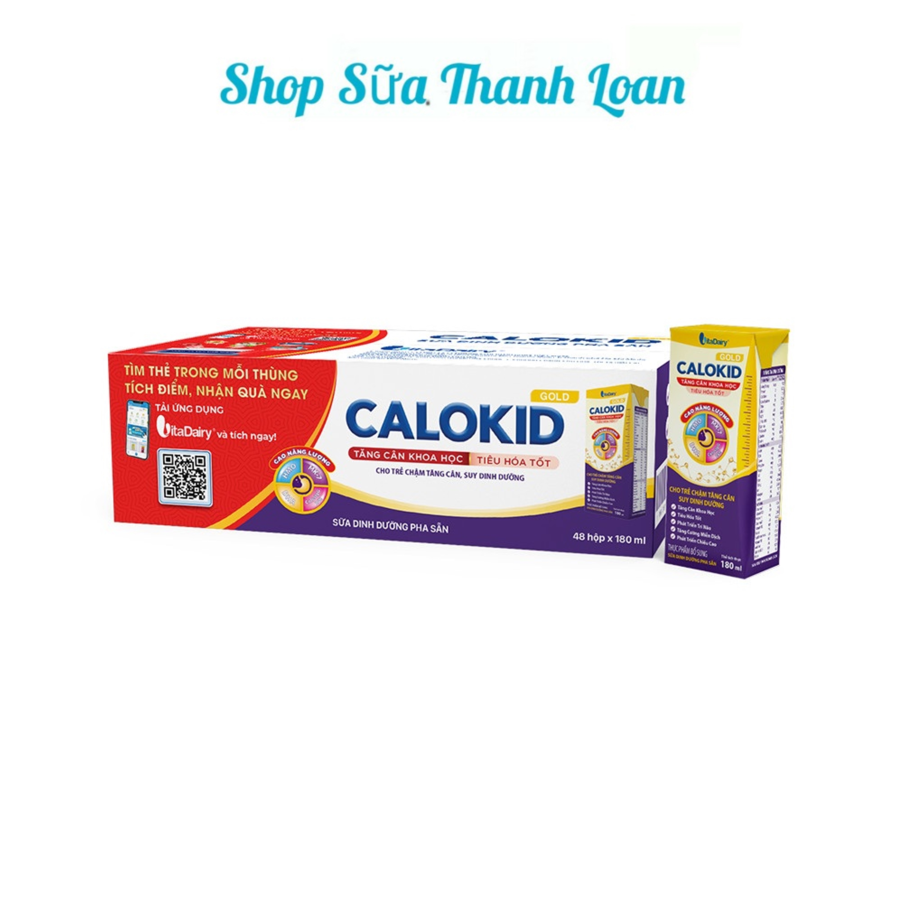 Thùng 48 hộp sữa bột pha sẵn calokid gold 180ml.
