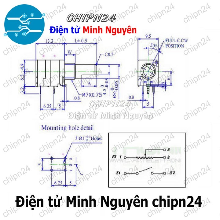 [2 cái] (F161) Biến trở xanh 5 chân 100K RV097NS (Biến trở đơn có Công tắc B100K 104) - HH003241