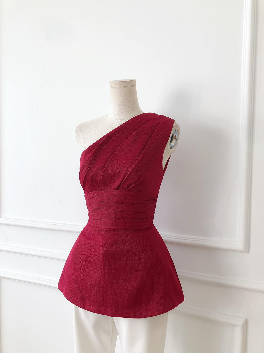 [Ảnh thật] Áo peplum dáng dài lệch vai xếp li eo