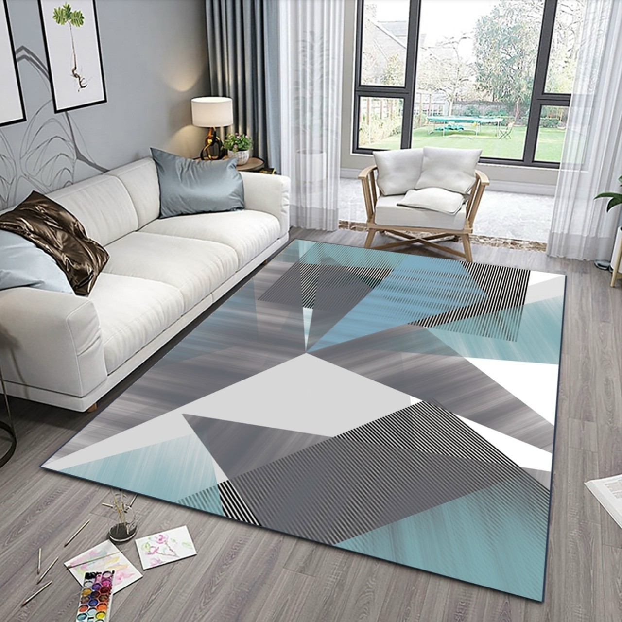Thảm trải sàn, thảm trang trí, thảm trải sàn phòng khách 1m6 x2m3 mẫu tứ giác xanh