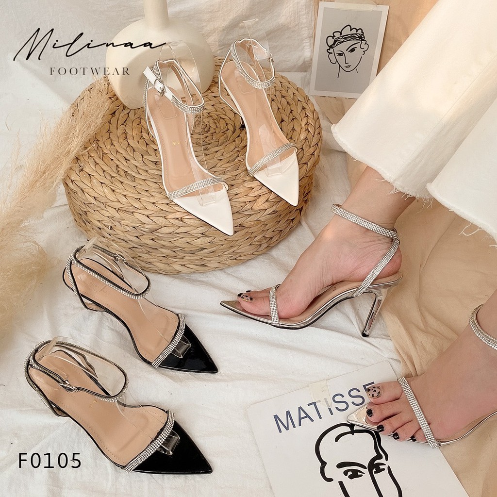 GIÀY CAO GÓT NỮ HAI QUAI NGANG ĐÍNH ĐÁ MŨI NHỌN F0105