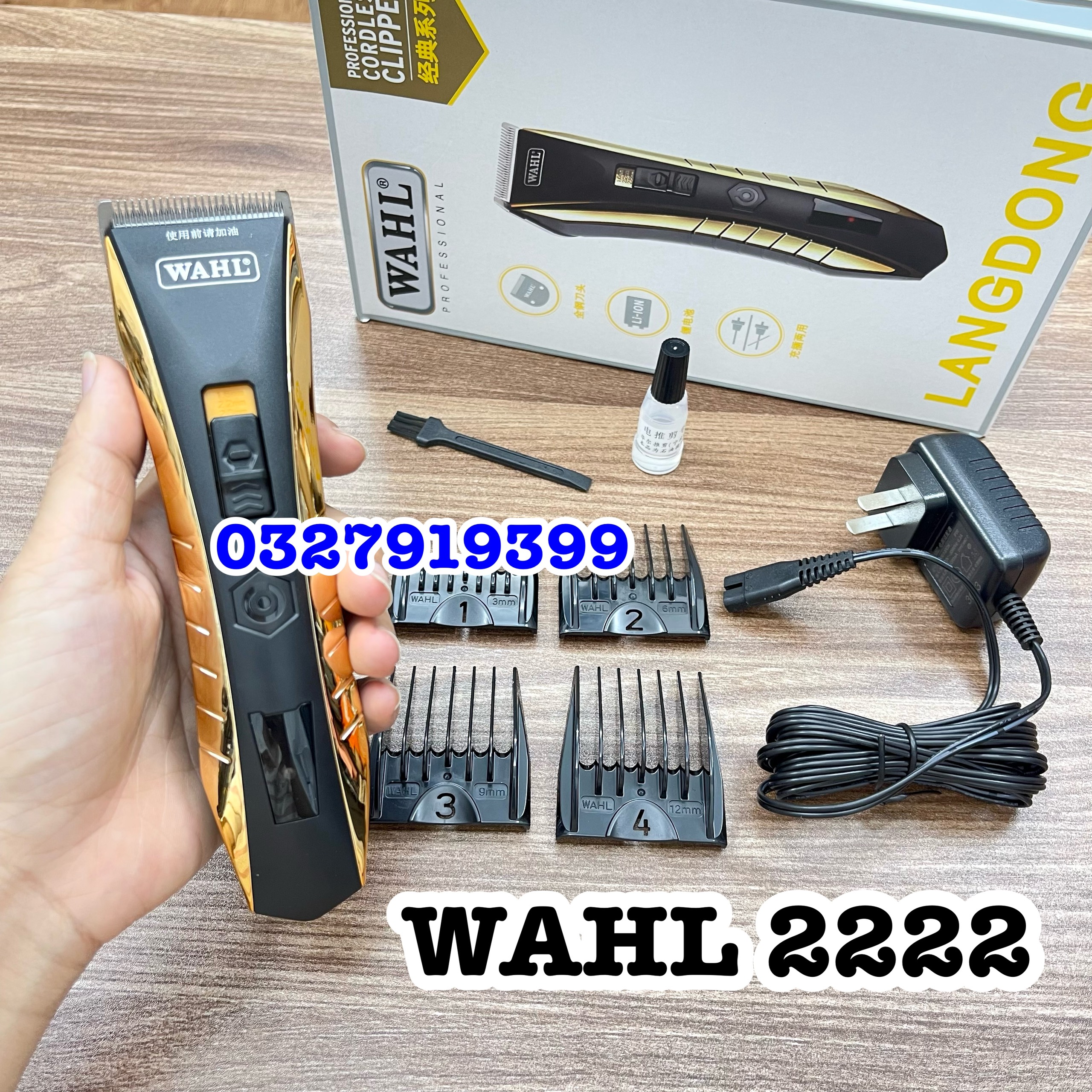 Wahl Tông Đơ Cắt Tóc Chính Hãng WAHL 2222 - Chuyên Nghiệp, Động Cơ Mạnh Mẽ, Lưỡi Thép Cao Cấp, Sử Dụng 260 Phút Liên Tục, Pin Lithium 1000mAh, Bộ Sản Phẩm Bao Gồm 4 Cữ Nhựa