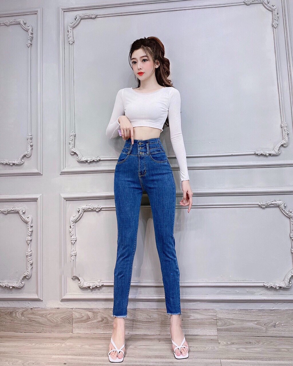 Quần jean nữ lưng cao 3 cúc siêu tôn giáng chất jean giãn cực đẹp duyens-151