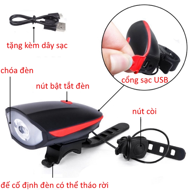 Đèn xe đạp có còi sạc usb chống nước, đèn xe đạp thể thao nhiều màu sắc 7588