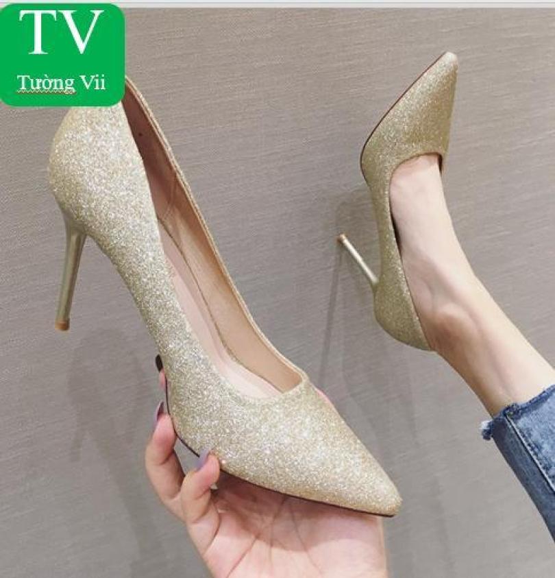 Giày búp bê cao gót Louboutin nhũ kim tuyến 9p đen giá rẻ