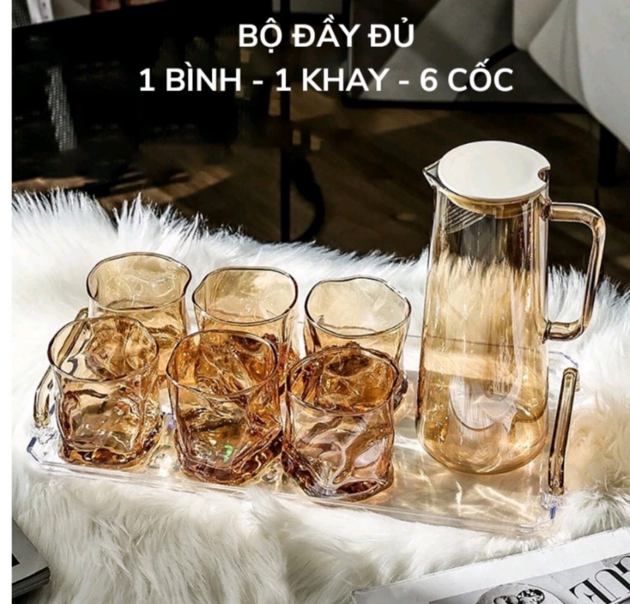 Bộ cốc bình nước thuỷ tinh cao cấp để bàn sang trọng cho phòng khách, Bộ bình nước 6 cốc kèm khay phong cách bắc âu