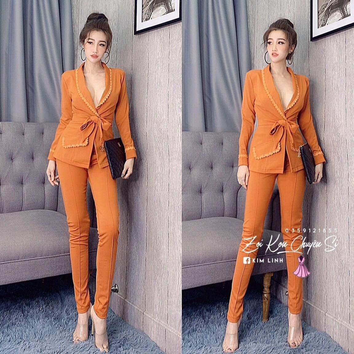 sét áo vest viền dây cột eo quần tây