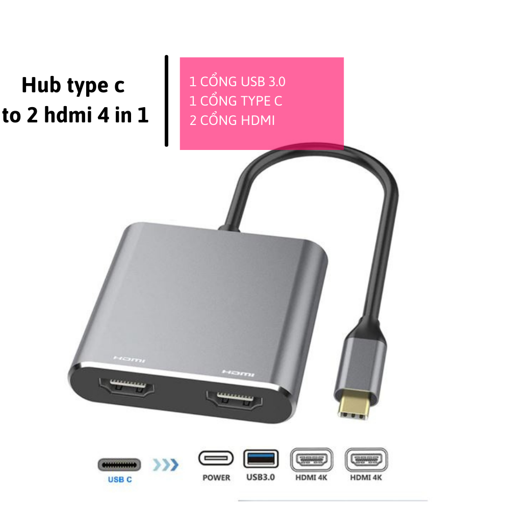 Cáp chuyển hub type c  4 in 1 USB Type-c ra 2 cổng HDMI/HDMI