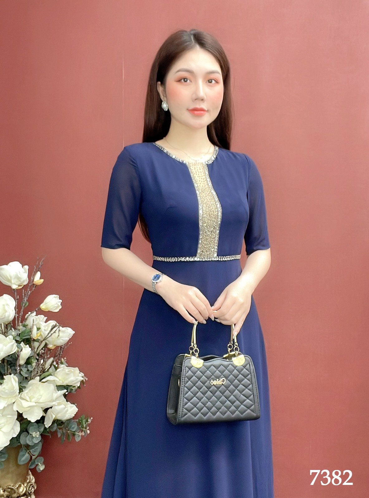 Đầm Dạ Hội EMY EM7382 Xanh Đen Kết Hạt