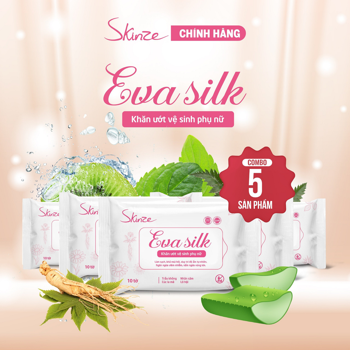 Combo 5 gói khăn ướt vệ sinh phụ nữ skinze eva soft silk khăn ướt vệ sinh vùng kín khử mùi hôi dưỡng ẩm giảm viêm