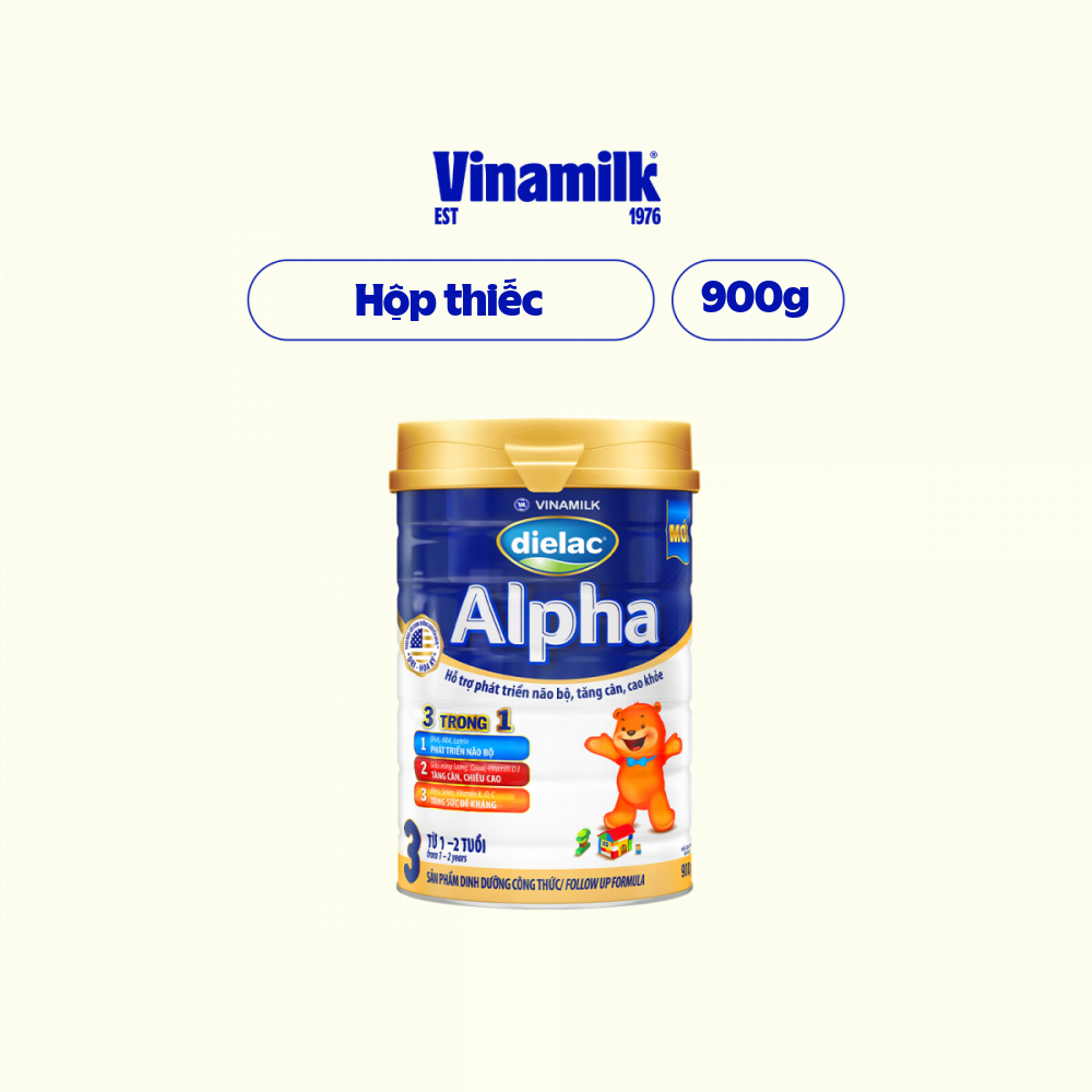 Hộp Sữa Bột Vinamilk Dielac Alpha 3 900g Hộp thiếc (Cho Trẻ Từ 1 - 2 Tuổi) - Sữa công thức 3 trong 1 hỗ trợ phát triển não bộ, tăng cân chiều cao, tăng sức đề kháng cho bé
