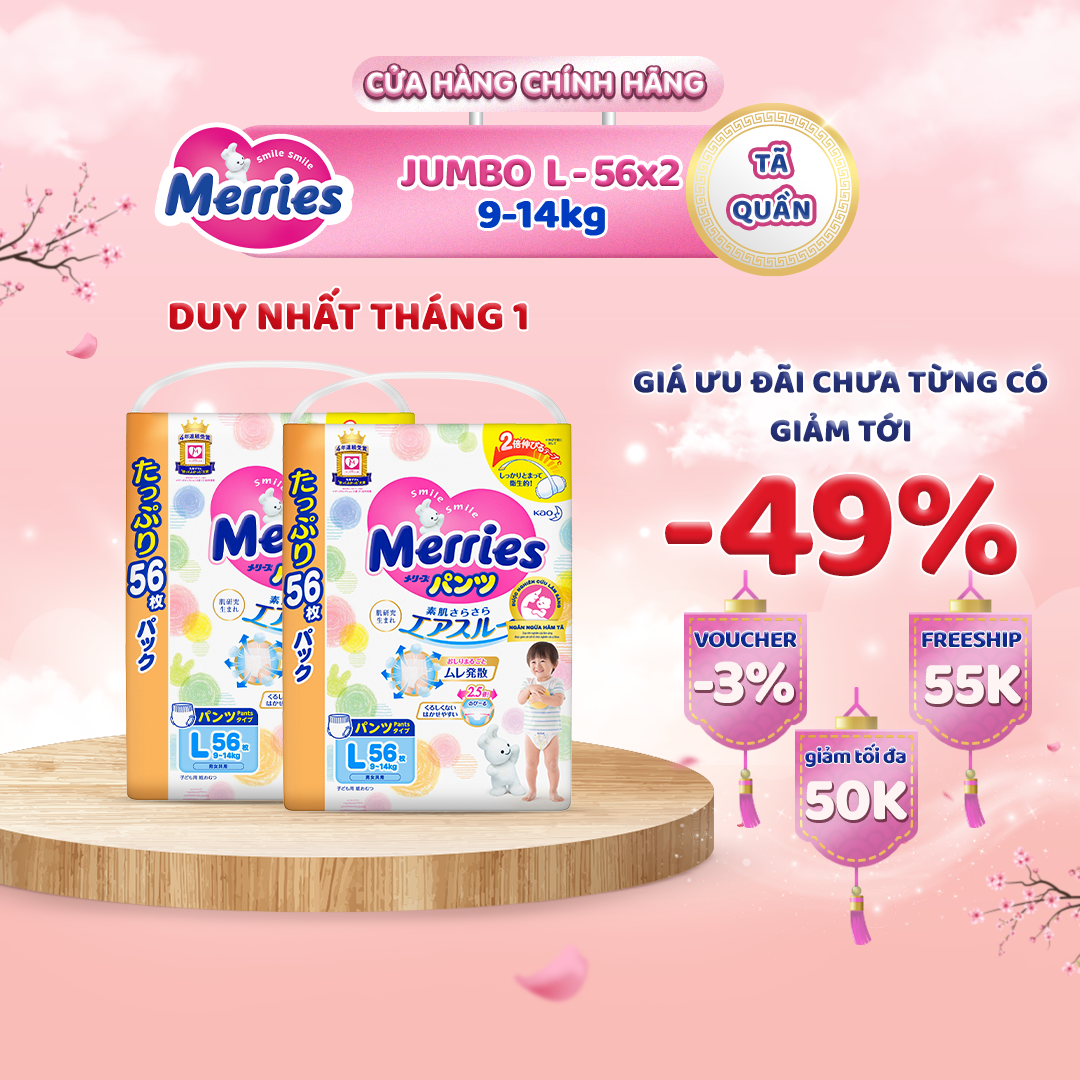 Combo 2 Tã/bỉm quần Merries Jumbo Size L56