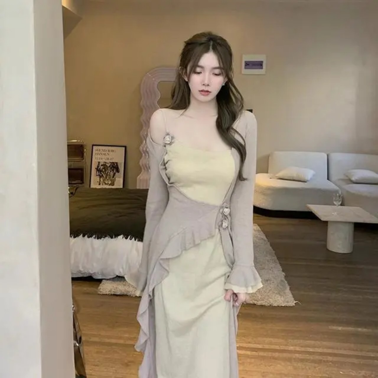 Đầm Dài Trễ Bên Vai Nữ Tính Phong Cách Tiểu Thư