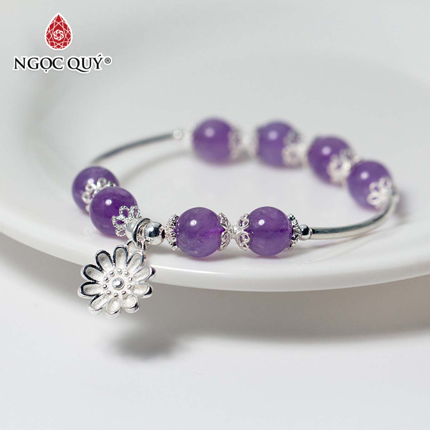 [HCM]Vòng tay đá thạch anh tím charm hoa 10 cánh mệnh hỏathổ - Ngọc Quý Gemstones