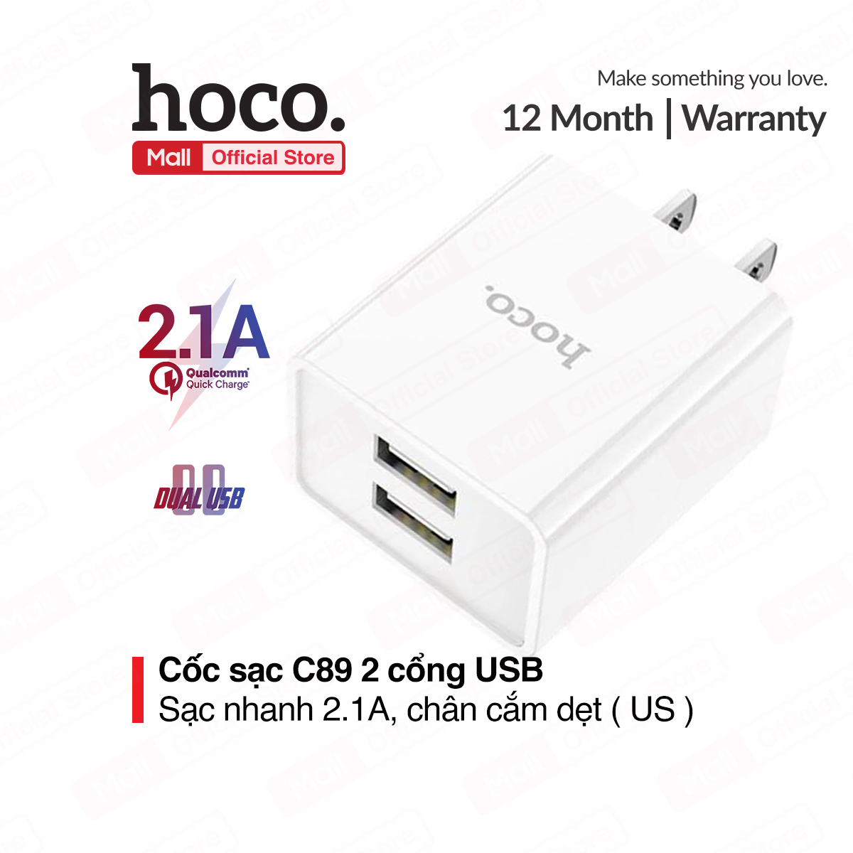 Củ sạc nhanh Hoco C89 2 cổng USB, sạc nhanh 2.1A Max, thích hợp với nhiều dòng điện thoại, chân cắm tiêu chuẩn US