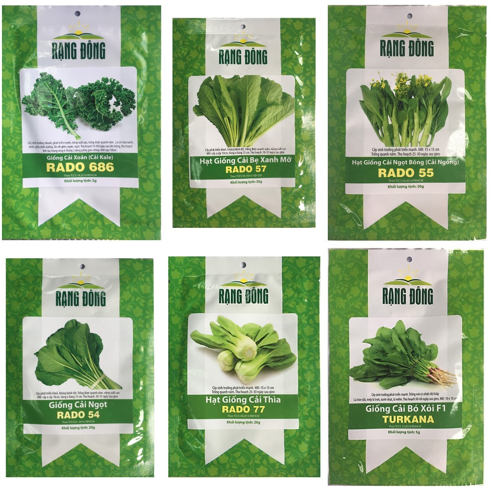 Combo 6 gói giống rau ăn lá - rau cải bẹ xanh, cải ngọt bông, cải thìa, cải ngọt, cải bó xôi, cải kale
