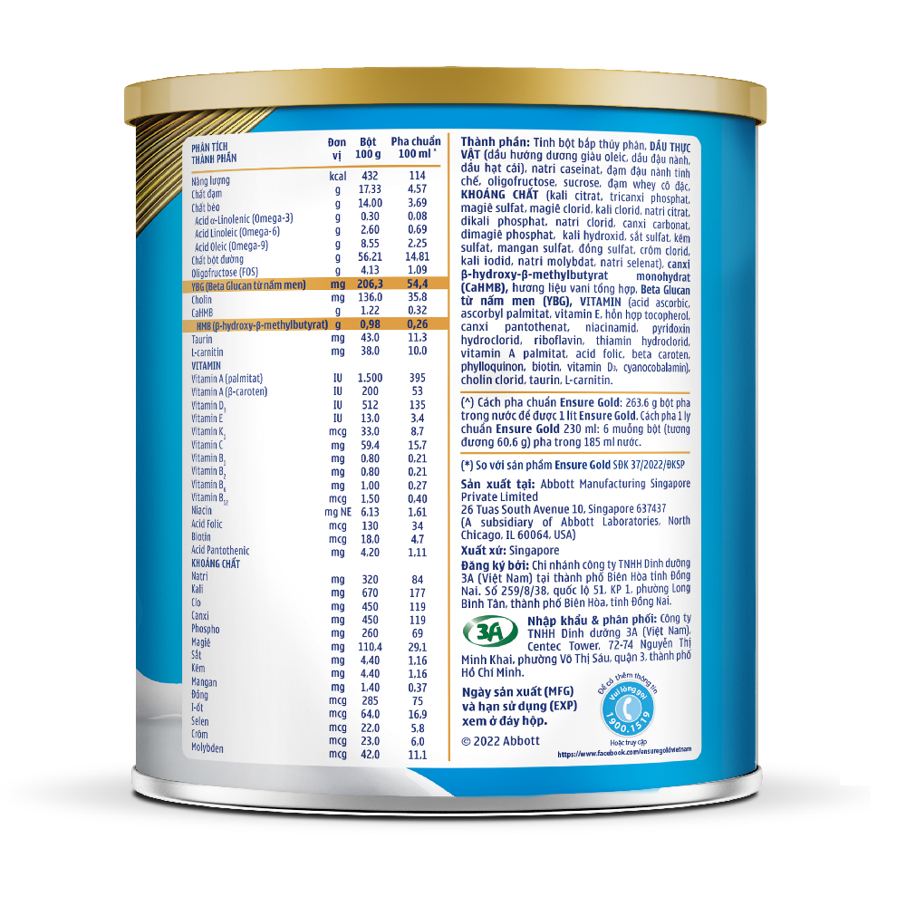 Sữa bột Ensure Gold Abbott ít ngọt (HMB) 380g