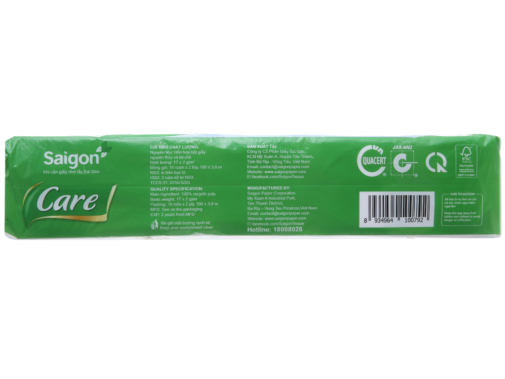 [HCM]1 CÂY (10 LỐC) GIẤY VỆ SINH - SÀI GÒN CARE 10 (KHÔNG LÕI)