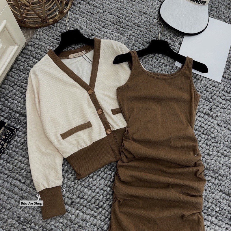 Set 2 món đầm ba lỗ + áo khoác phối màu