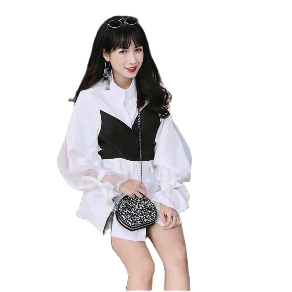 [SALE 50%] Áo sơ mi trắng mix dây cột nơ eo -tay áo phồng cột nơ thời trang học sinh, công sở, sơ mi nữ cấp 2, cấp 3