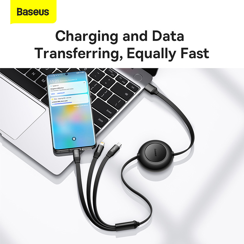 Baseus 3 in 1 USB C Cable 66W 110CM Retractable Type C Micro USB Cable For Macbook Samsung 6A Fast Charge Data Wire Cord