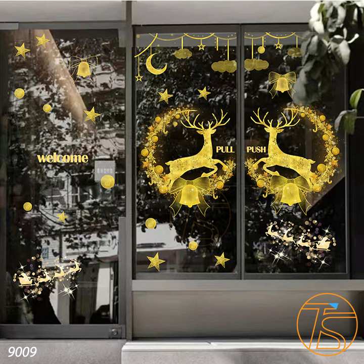 Decal trang trí noel dán cửa kính - Phụ kiện trang trí nhà cửa - Miếng dán trang trí hình cây thông noel, merry christmas, ông già noel và tuần lộc kéo xe - Giấy dán tường decor trang trí noel - Decal chúc mừng năm mới giáng sinh