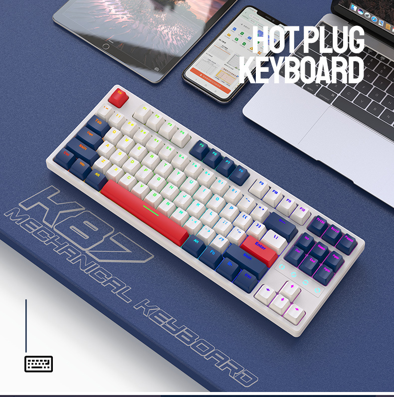 Bàn phím cơ không dây K87 kết nối 3 chế độ với thiết kế TKL 87 phím có đèn led RGB 22 chế độ cực đẹp và có Hotswap