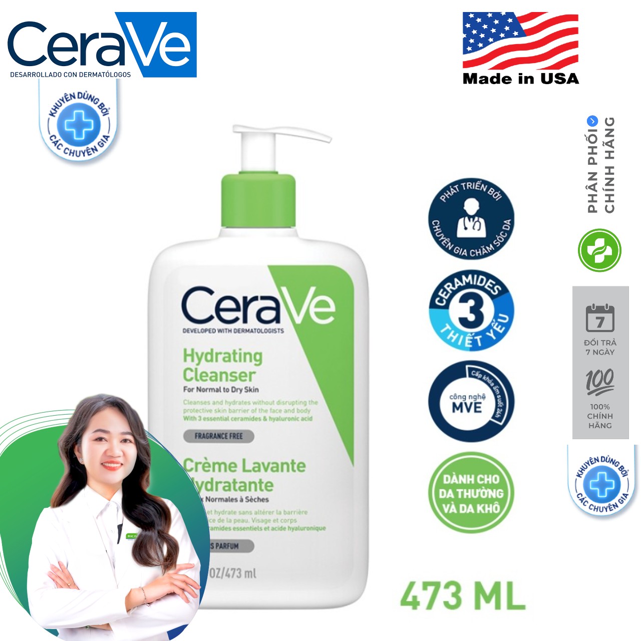 Sữa rửa mặt CeraVe dành cho da thường và da khô CeraVe Foaming Facial Cleanser 473ml, 263ml, 88ml
