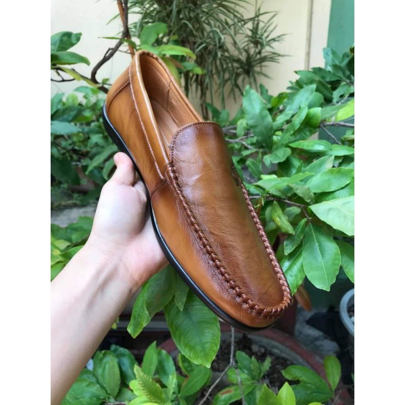 [Da bò 100%] Giày lười nam cao cấp đế bệt ( màu nâu da thật 100%-bảo hành 24 tháng)