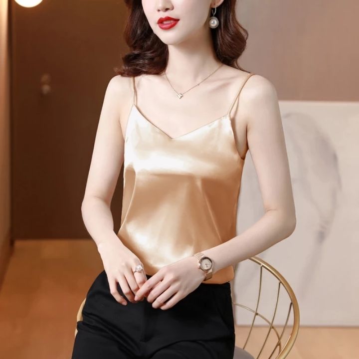 Áo hai dây lụa cổ tim mặc trong vest, blazer, áo lụa 2 dây có size chất lụa satin cao cấp mịn, mát