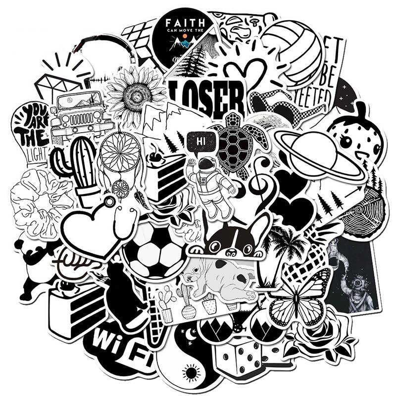 sticker Black White Đen Trắng Set 30 đến 60 hình dán có ép lụa