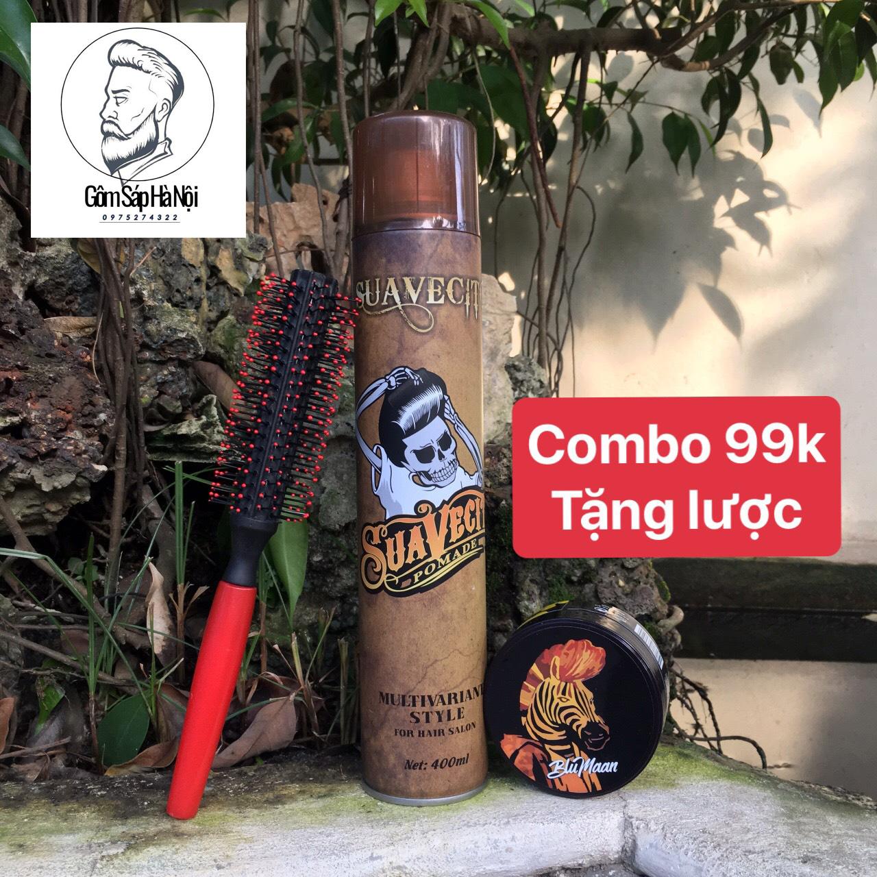 Combo gôm xịt tóc suavecito + sáp vuốt tóc bluman ngựa vằn + lược