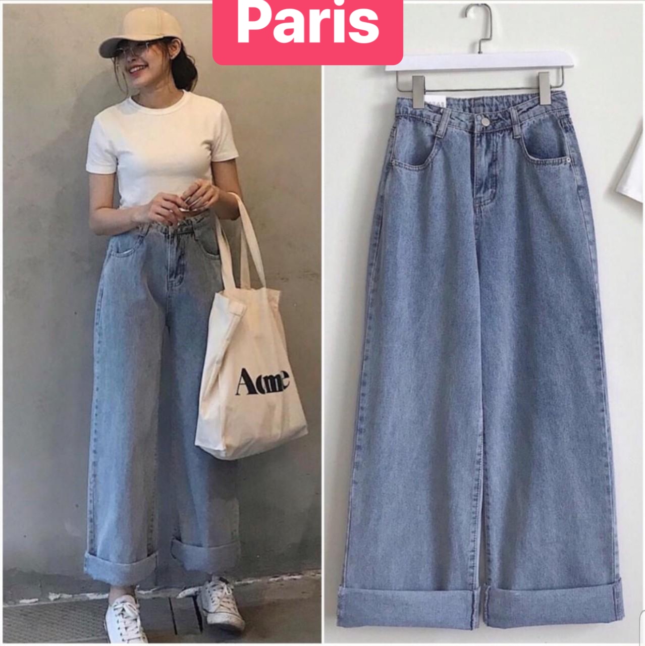 QUẦN BAGGY JEAN NỮ CHẤT BÒ XANH ỐNG SUÔNG RỘNG DÀI LƯNG CAO NÂNG MÔNG HÀN QUỐC ULZZANG PR-20 CAO CẤP - PARIS FASHION