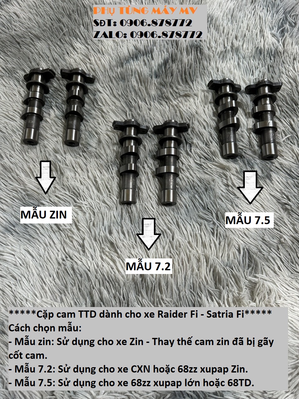 Cặp cam TTD size Zin/7.2/7.5 dành cho xe Raider Fi. Satria Fi