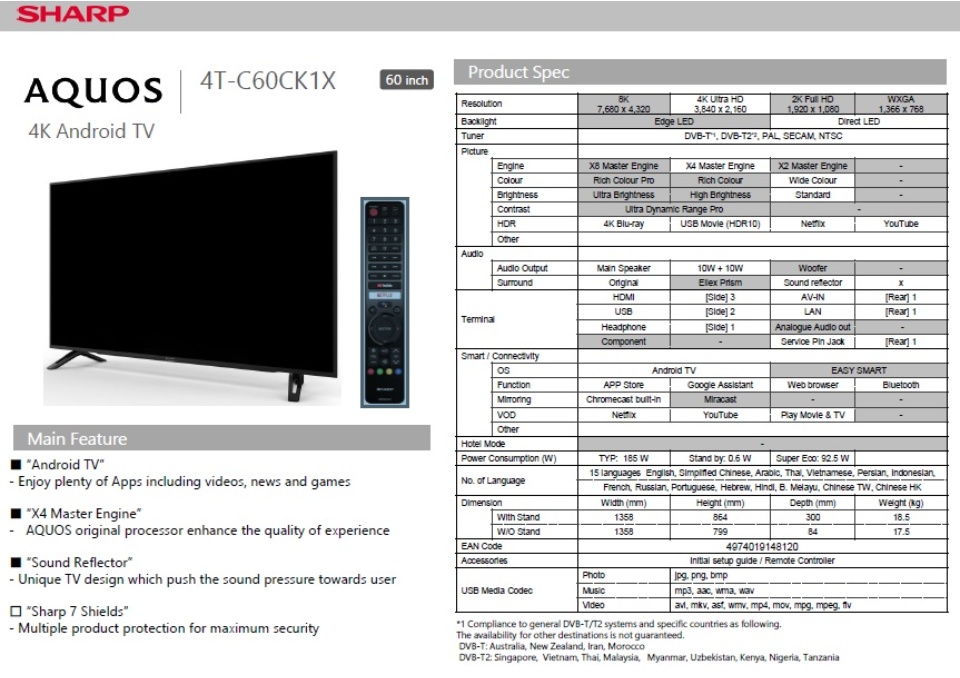 [Trả góp 0%]Android Tivi Sharp 4K 60 inch 4T-C60CK1X