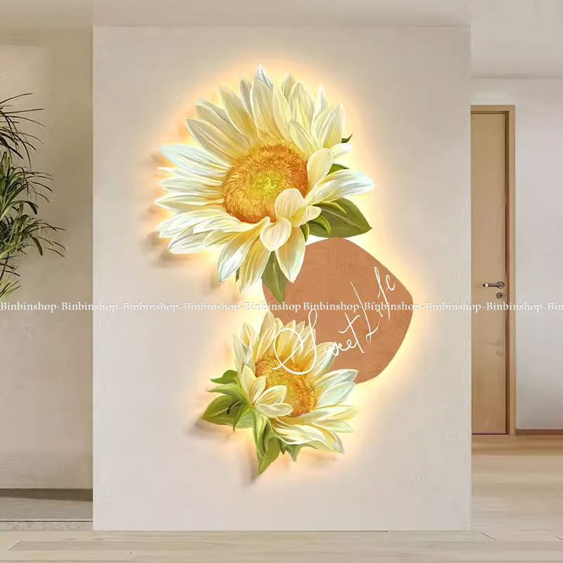 Tranh đèn led tráng gương treo tường hoa hướng dương vàng 4 tranh uv cao cấp kèm đinh treo
