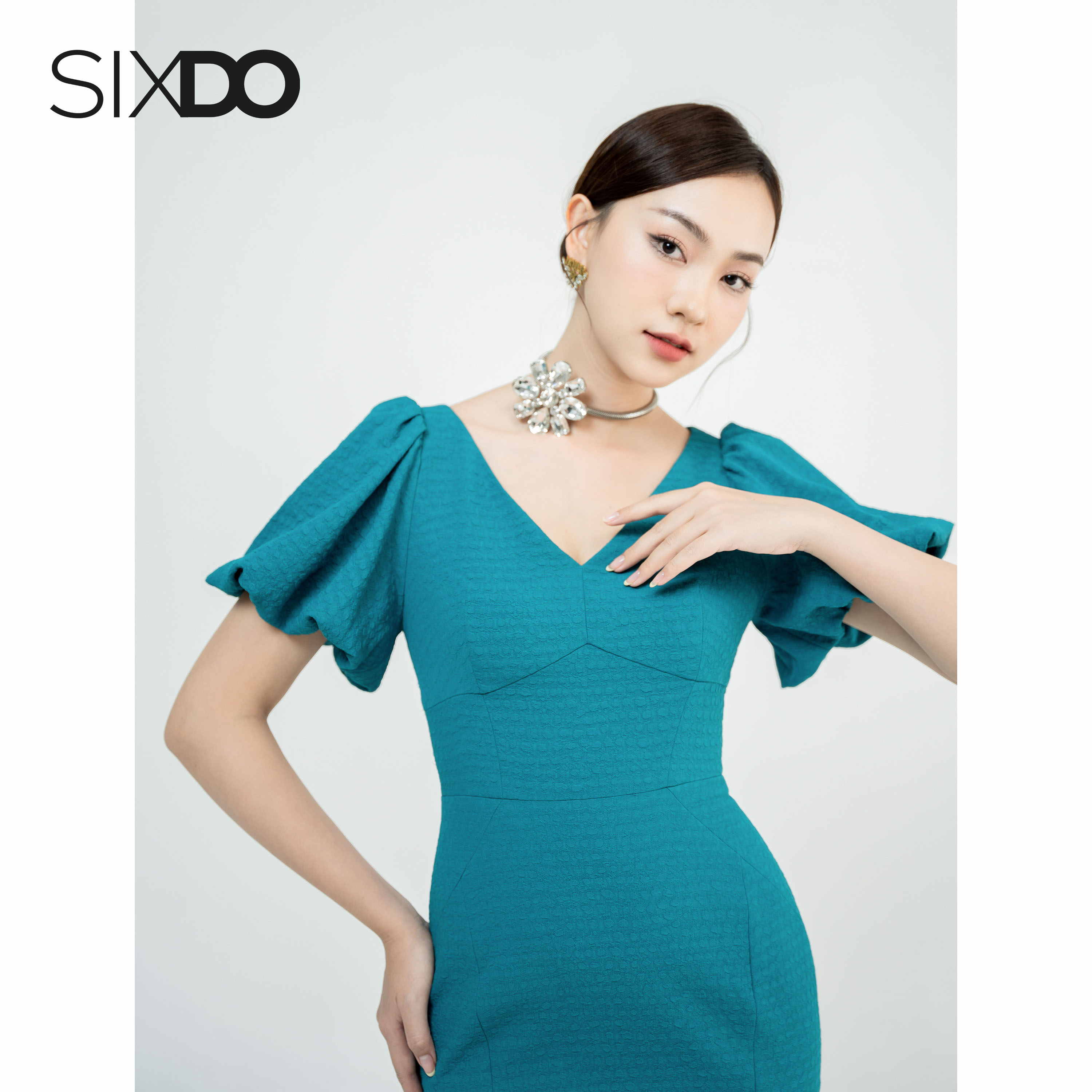Đầm midi đuôi cá cổ V tay phồng SIXDO (Dark Turquoise Mermaid Midi Woven Dress)