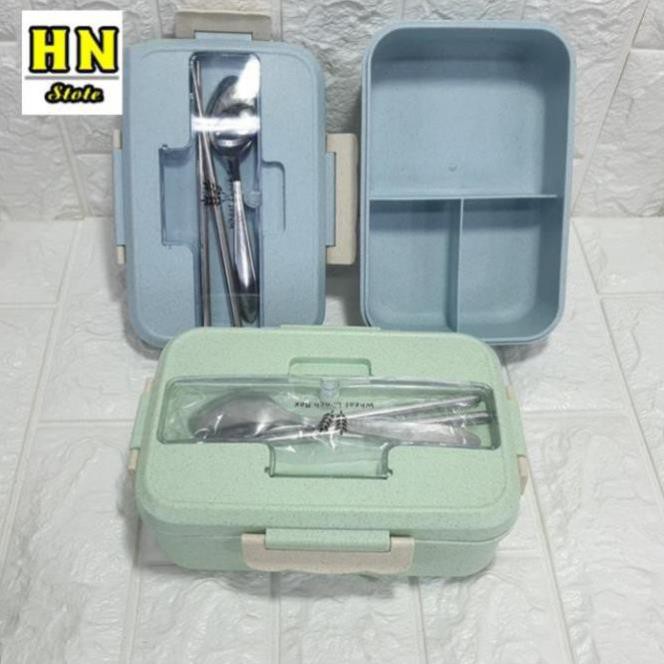 Hộp đựng cơm văn phòng lúa mạch 3 ngăn tặng kèm thìa đũa inox