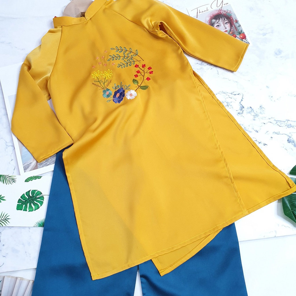 Áo Dài Lụa Cho Bé Gái Mát Lịm Thêu Hoa Điệp Phi 2 Màu