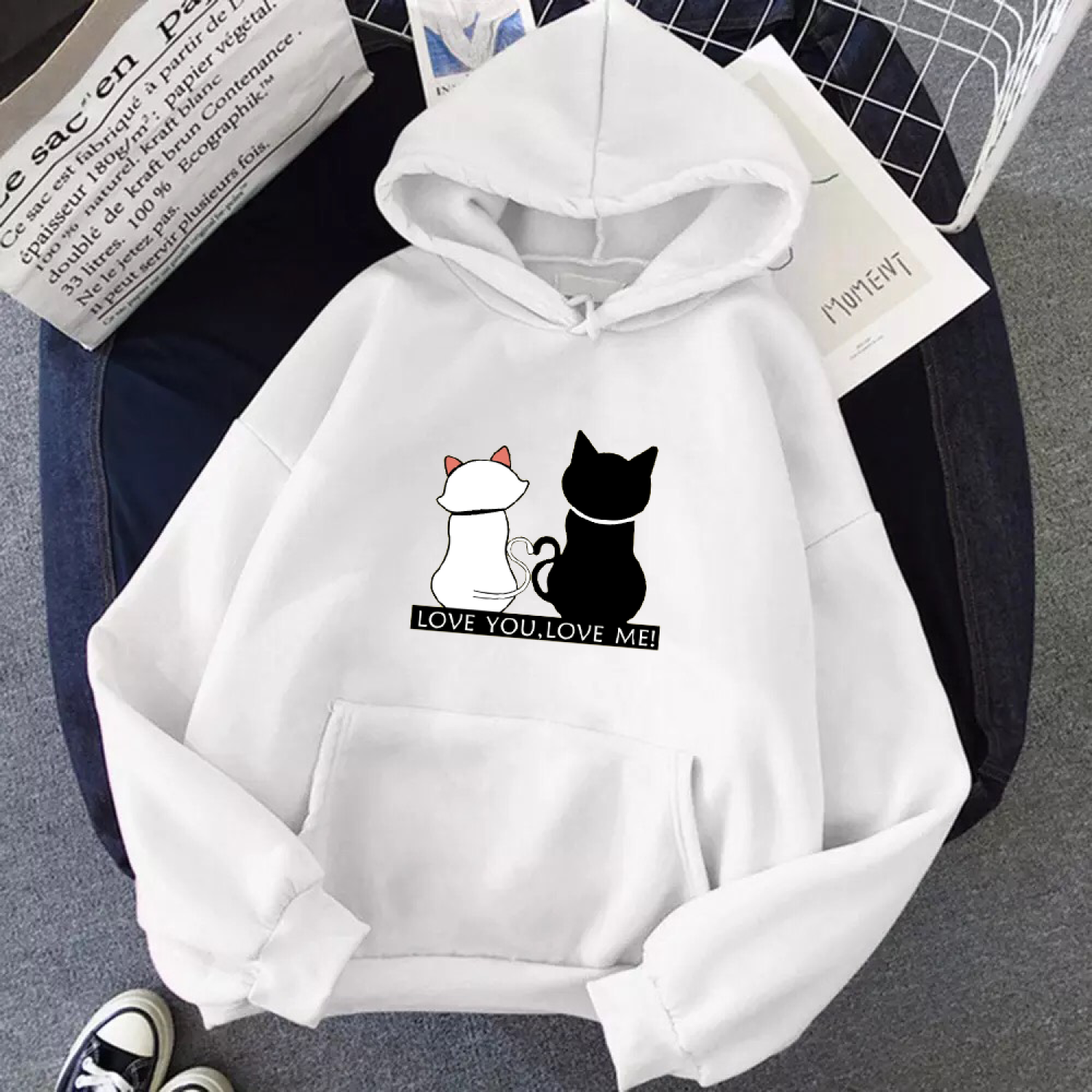 Áo hoodie nam nữ in mèo love you love me