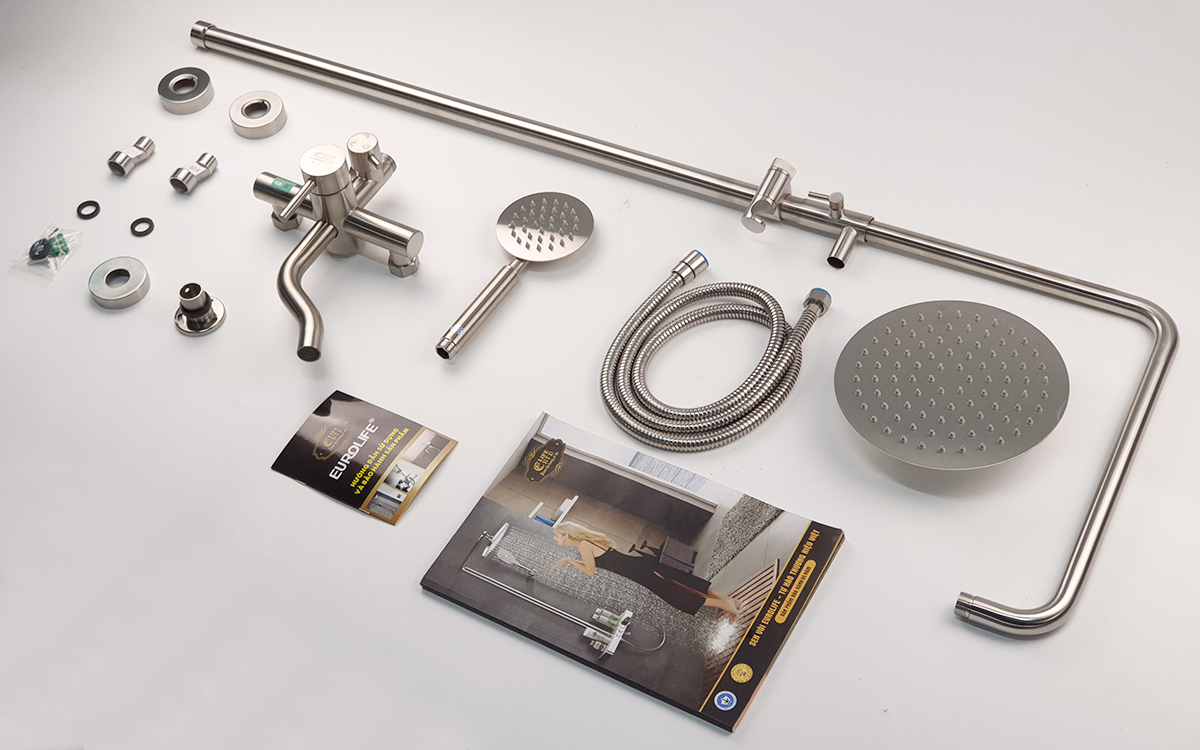 Bộ sen cây tắm đứng nóng lạnh Inox SUS 304 Eurolife EL-S918 3 chức năng, dùng tốt, không han rỉ ở môi trường nước phèn hay nhiễm mặn (Trắng vàng)
