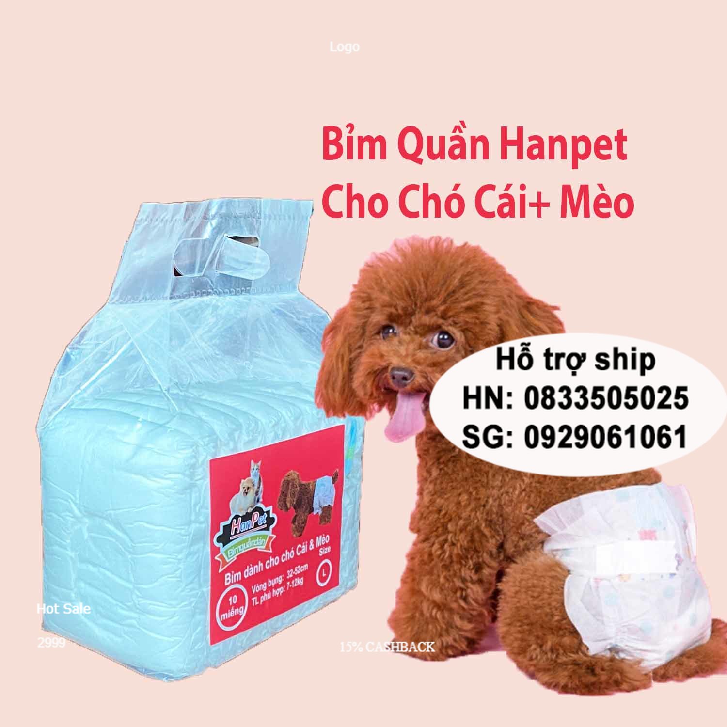 Doremiu - Tã bỉm chó mèo (Bịch 10 miếng Size S) Bỉm quần dạng dán cho chó cái và mèo (từ 2-6kg)