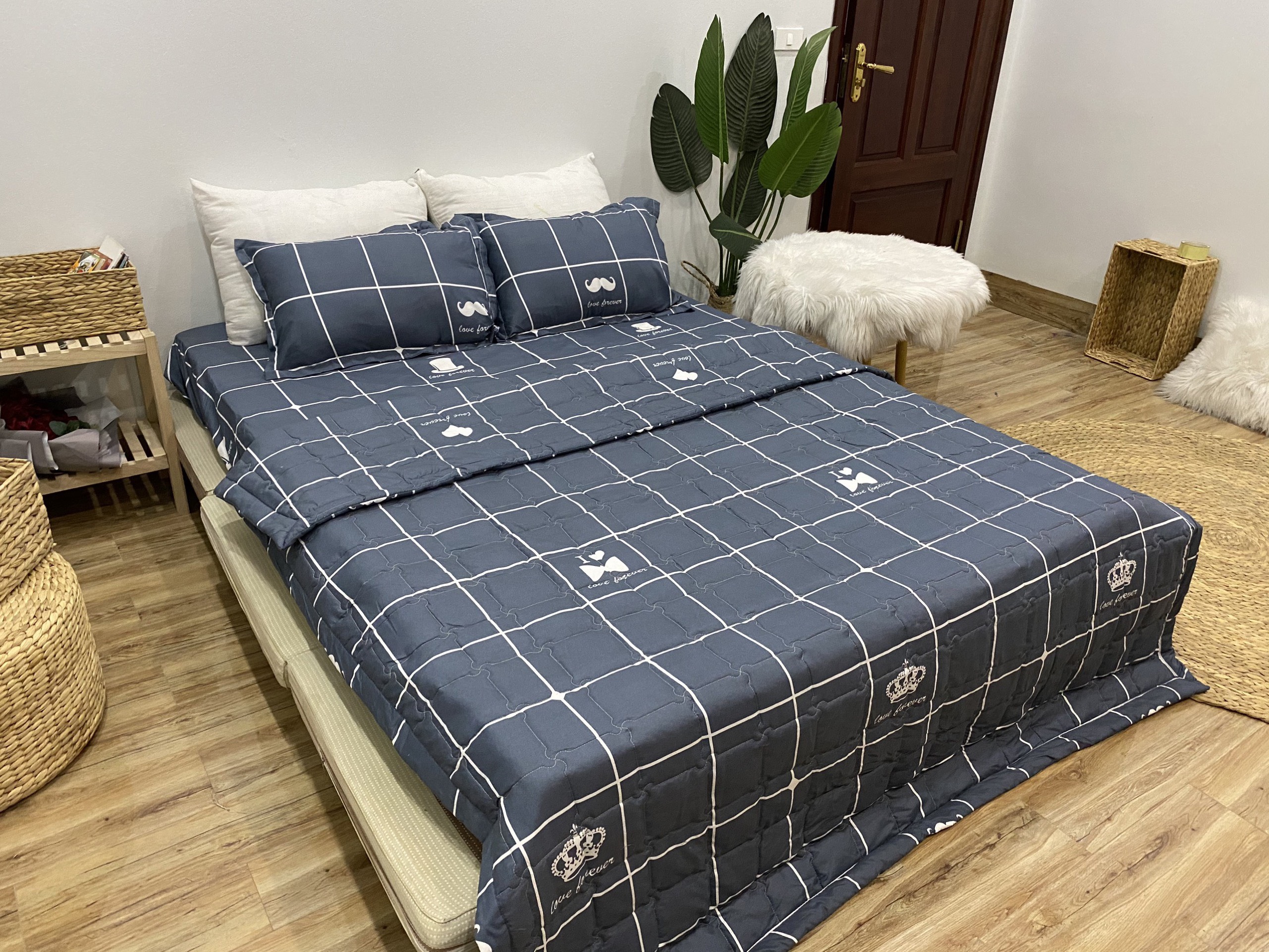 Bộ Chăn Ga Gối Cotton Poly - Kẻ Dâu ( 3 Món , 4 Món , 5 Món ) Tiệm Nhà Cá