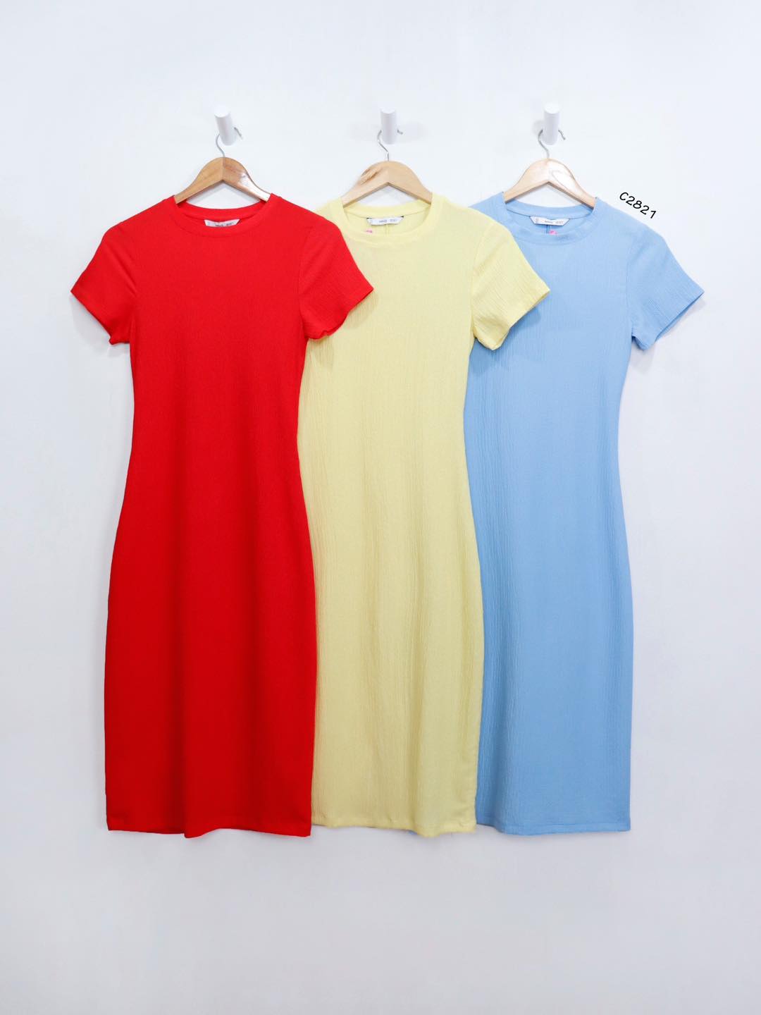 C2821 - Đầm thun xốp cổ tròn tay ngắn