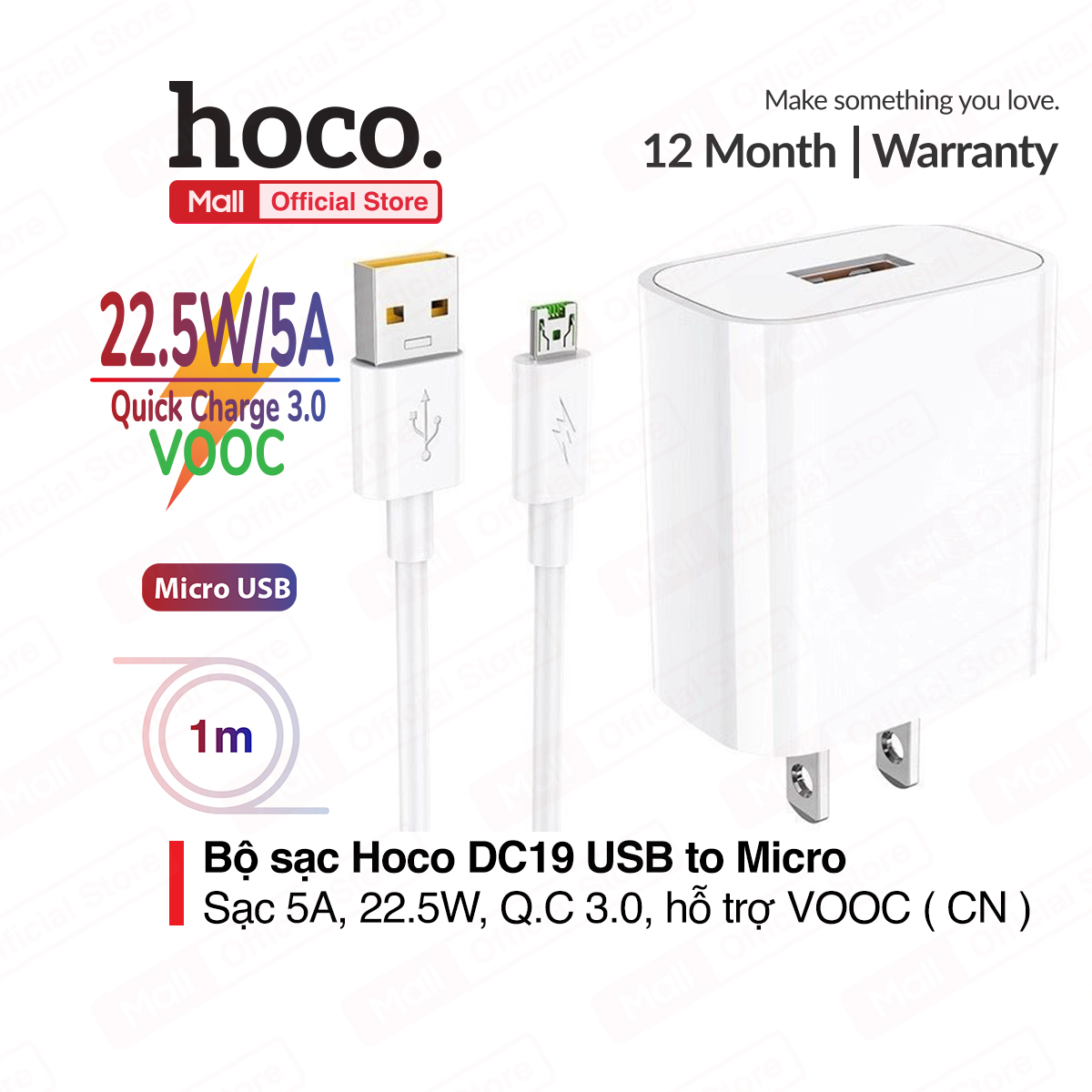 Bộ sạc nhanh Hoco DC19 USB to micro sạc nhanh 5A/22.5W Quick charge 3.0 hỗ trợ sạc VOOC kèm dây dài 1m