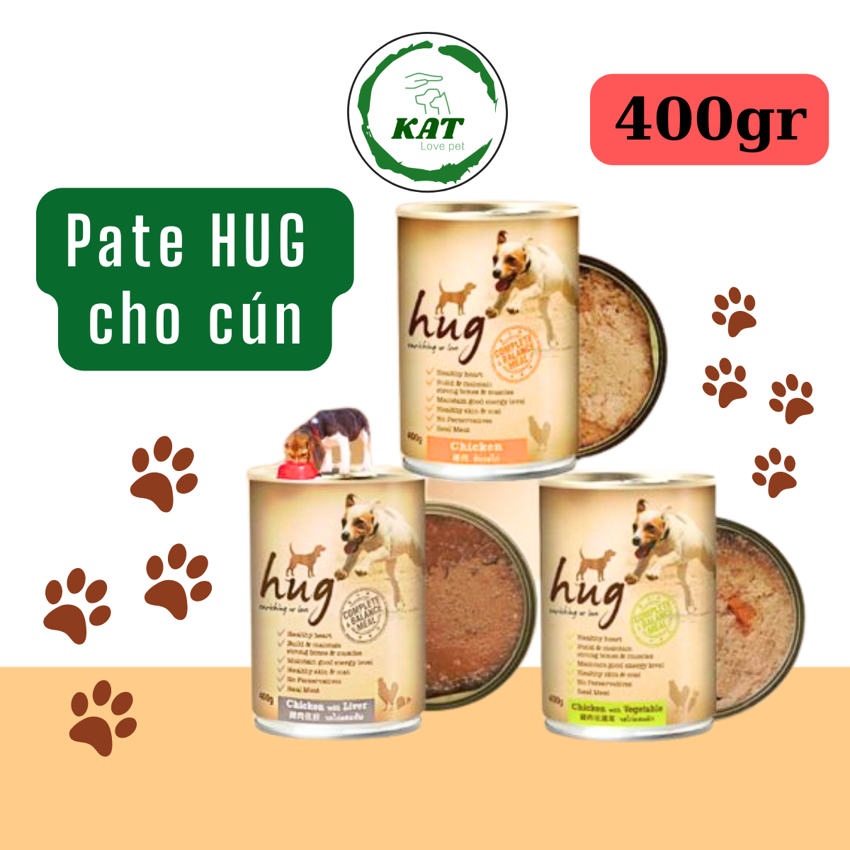 Pate cho chó HUG nhiều vị thơm ngon - Lon 400gr - KAT Store