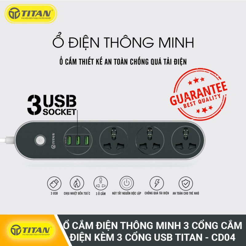 Ổ Cắm Điện Thông Minh 3 Cổng Cắm Điện Kèm 3 Cổng USB TITAN - CD04